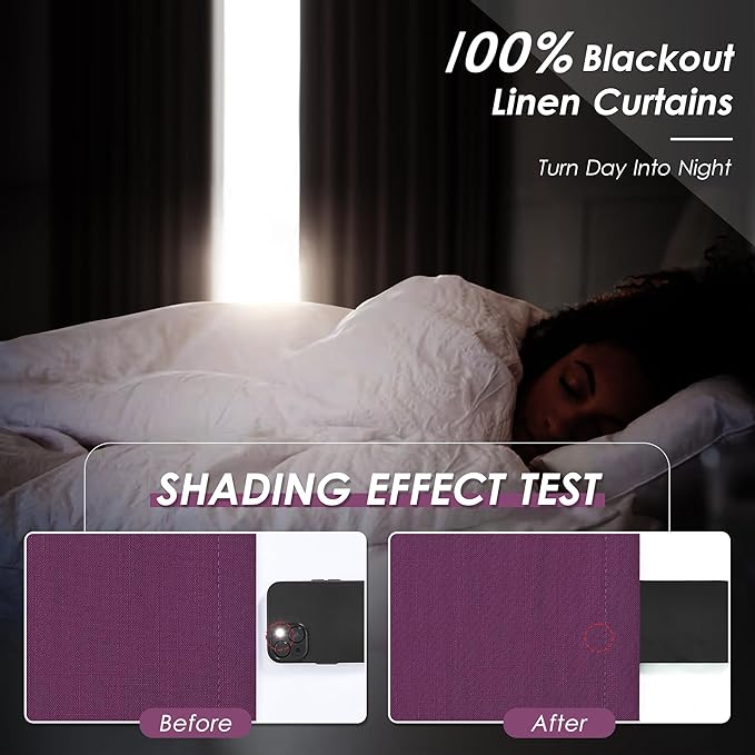Purple Linen 100% Black Out Curtains 108 Inches Long 2 Panels Set for Bedroom Boho Farmhouse Back Tab Thermal Insulated Energy Efficient Room Darkening Curtains Living Room High Ceiling Length 9 FT