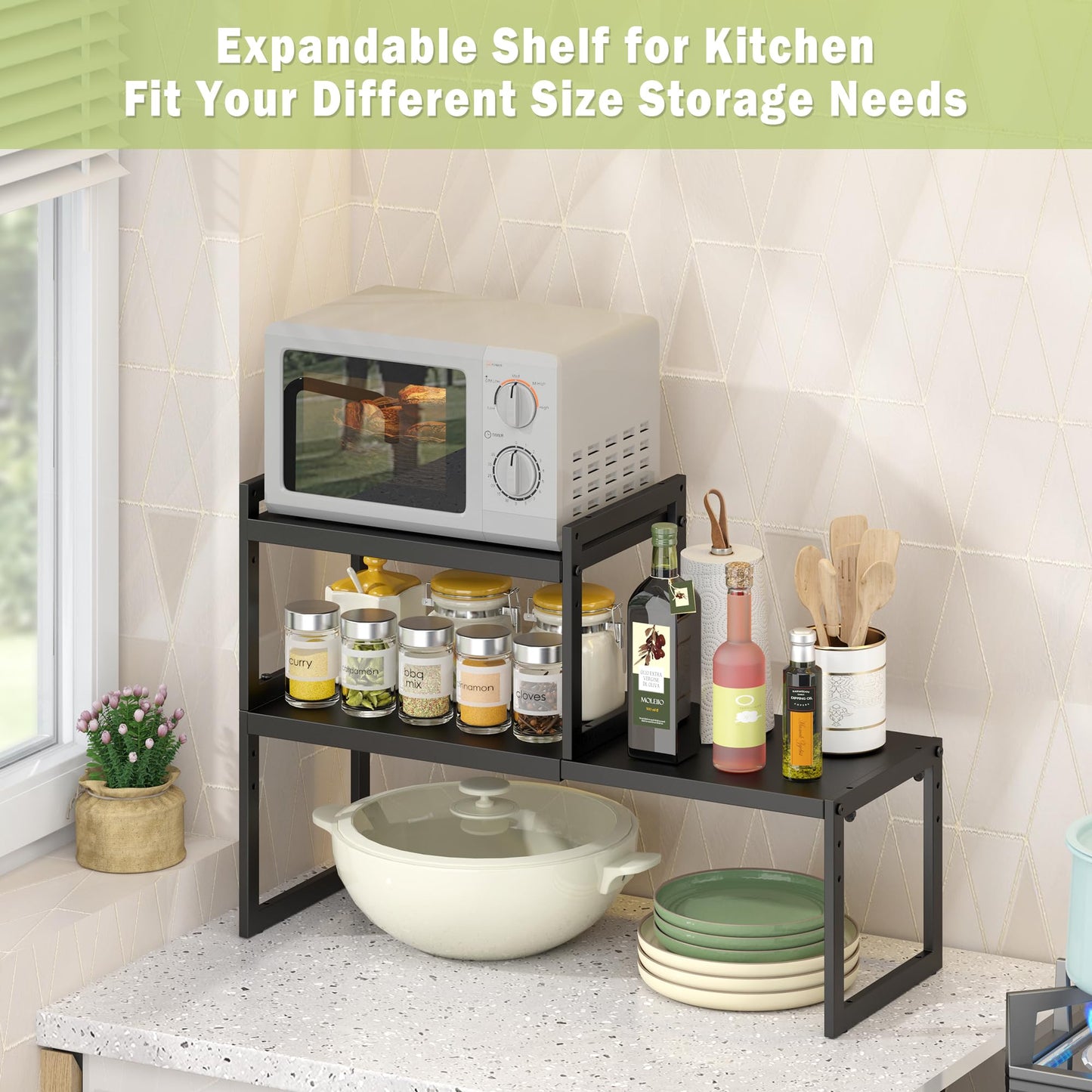 DOLALIKE Expandable kitchen Countertop Organizer, Stackable Cabinet Shelf Organizers, Space Saving Spice Rack Pantry Storage for Bathroom Office (Black, 1 Pack)