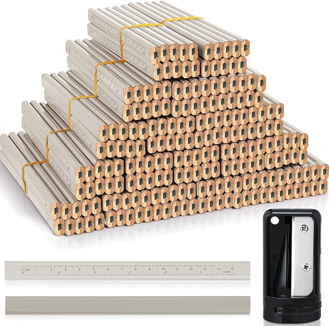 Honoson 200 Pcs Flat Construction Pencils with Printed Ruler Wood Graphite 2 Pcs Carpenter Pencil Sharpener for Woodworking Marking Tool(White)