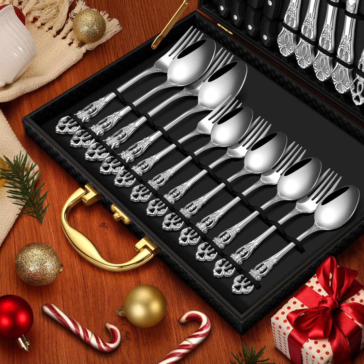 Stapava 24 Pcs Gorgeous Retro Royal Silverware Set with Gift Box, Stainless Steel Cutlery Flatware Set for 4, Include Forks Spoons and Knives set, Dishwasher Safe Utensils Set, Mirror Polished