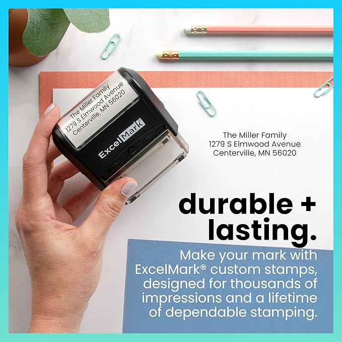 ExcelMark Custom Stamp – Clear & Crisp Impressions – Personalized Self-Inking Rubber Stamp – Use for Address Stamp and More (Large)