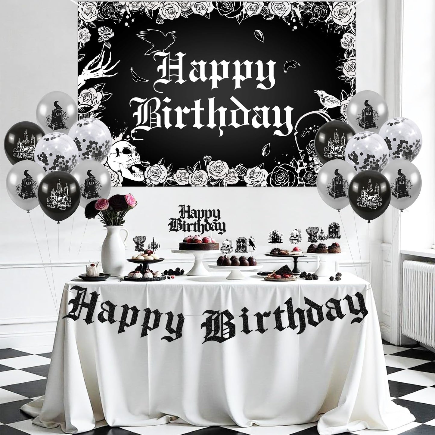 Fangleland Gothic Birthday Decorations, Skull Theme Happy Birthday Backdrop Cake Topper Banner, Black Silver Cupcake Picks Balloons Bday Party Supplies Photography Background for Men Women