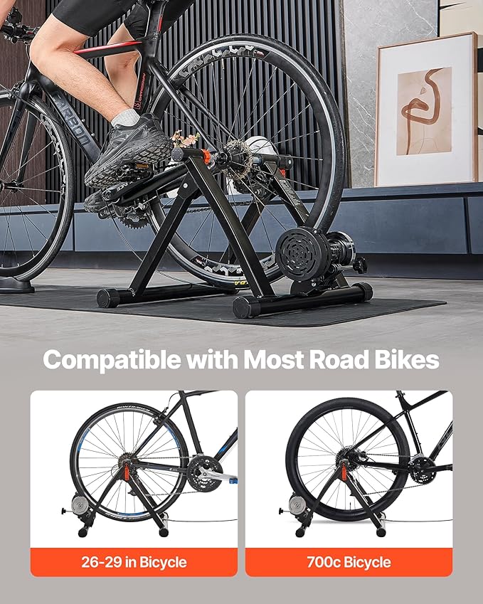 VEVOR Bike Trainer, 6 Level Resistance, 26-29 in & 700C Wheels, Foldable Magnetic Bicycle Stationary Stand for Indoor Exercise Riding with Quick Release Skewer & Front Wheel Riser Block for Road Bikes