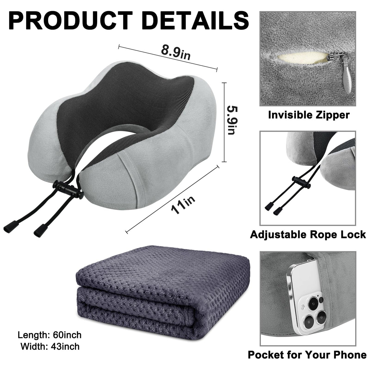 urnexttour Travel Pillow and Blanket Set Neck Pillow Airplane Memory Foam for Traveling Compact with Bag Grey