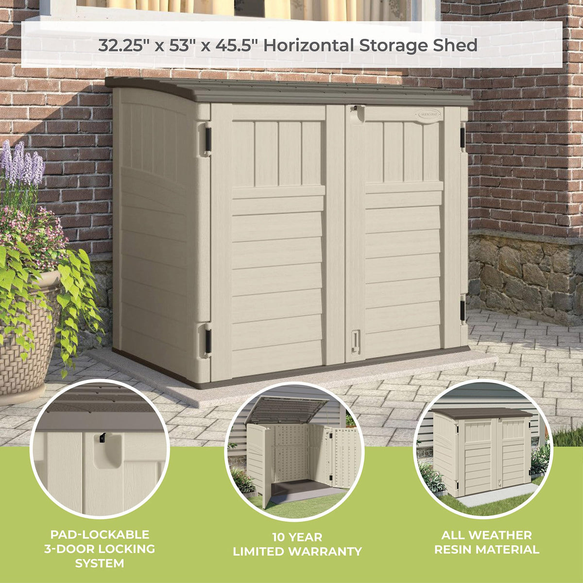 Suncast 34 Cu Ft Capacity Horizontal Outdoor Storage Shed for Garbage Cans, Garden Accessories, Backyard, and Patio Use, Vanilla
