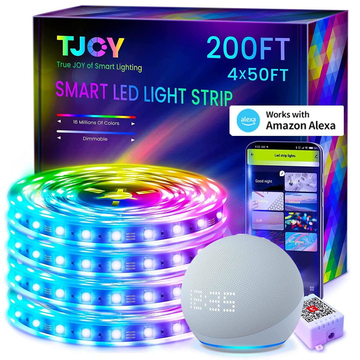 TJOY 200ft Smart Led Strip Lights for Bedroom, Alexa Light Strip,2835 RGB Color Changing Music Sync Rope Lighting with App Remote,Multi-Color Wireless Led Lighting for Bedroom (APP+Remote+Voice)