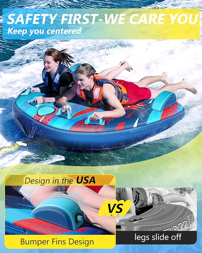 2025 Upgrade Towable Tubes for Boating 1-3 Riders Inflatable Water Sport Towable Tube for Boat Heavy Duty Nylon Cover with Zipper Bolster Fins Safety Air Valve Padded Handle