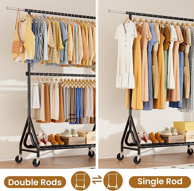 Heavy Duty Clothes Rack for Hanging Clothes, Double Rods Clothing Rack with Lockable Wheels, Rolling Garment Racks with Shelf, Easy to Assemble, Black
