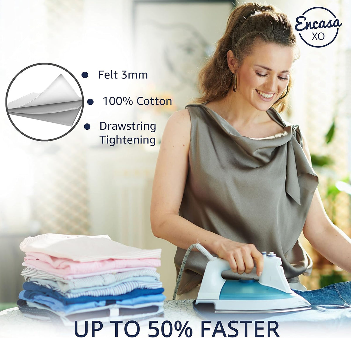 Encasa XO Ironing Board Cover and Pad 28"x12" - Thick 3mm Felt Padding, Drawstring Tightening & Lock, Easy Fit, Scorch & Stain Resistant, Fits Mini Ironing Board - Black Arrow