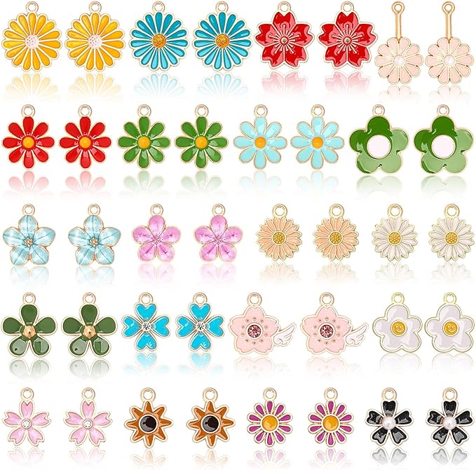 MARFOREVER 40 Pcs/20 Pairs Flower Charms for Jewelry Making Spring Summer Floral Themed Charms Assorted Gold Enamel Charm Pendants for Earrings Necklace Bracelet Making Accessories Gift for Mom Women