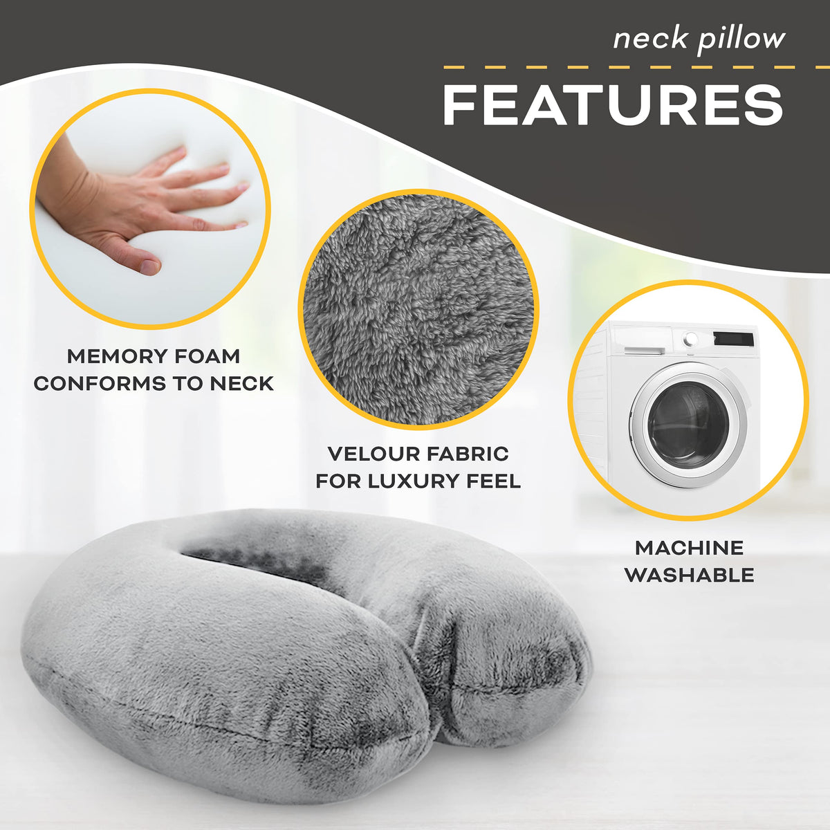 Crafty World Travel Neck Pillow Washable Cover Comfortable Memory Foam Airplane Travel Accessories Essentials Plane Neck Support Pillow for Neck Pain Relief and Sleeping Grey