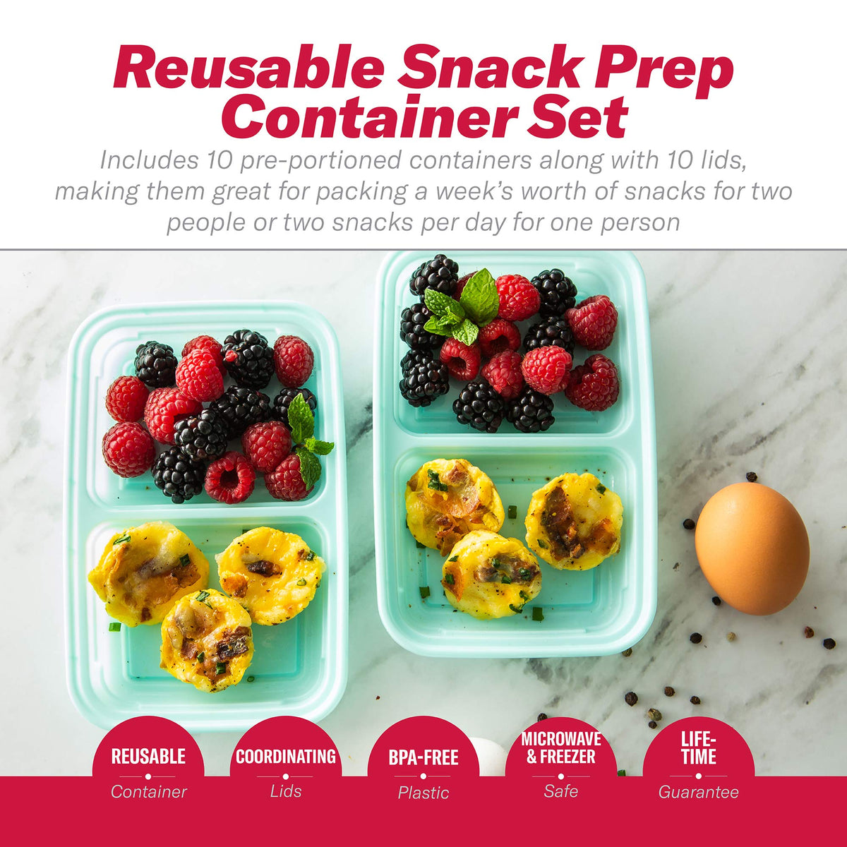 GoodCook Meal Prep Rectangle Snack Containers, 10 Pack, Light Blue, BPA-Free, Reusable 3-Compartment, Portable Snack Box, Microwave & Freezer Safe, with Lids for Portion Control