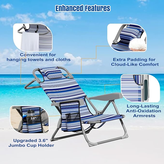 DIAMONDFORGE 2 Pack Lightweight Portable Beach Chair for Adults, 350 LBS Capacity Backpack Beach Chair, Reclining Beach Chair with 5-Position Lay Flat, Large Cup Holder for Beach Camping Sports, Blue