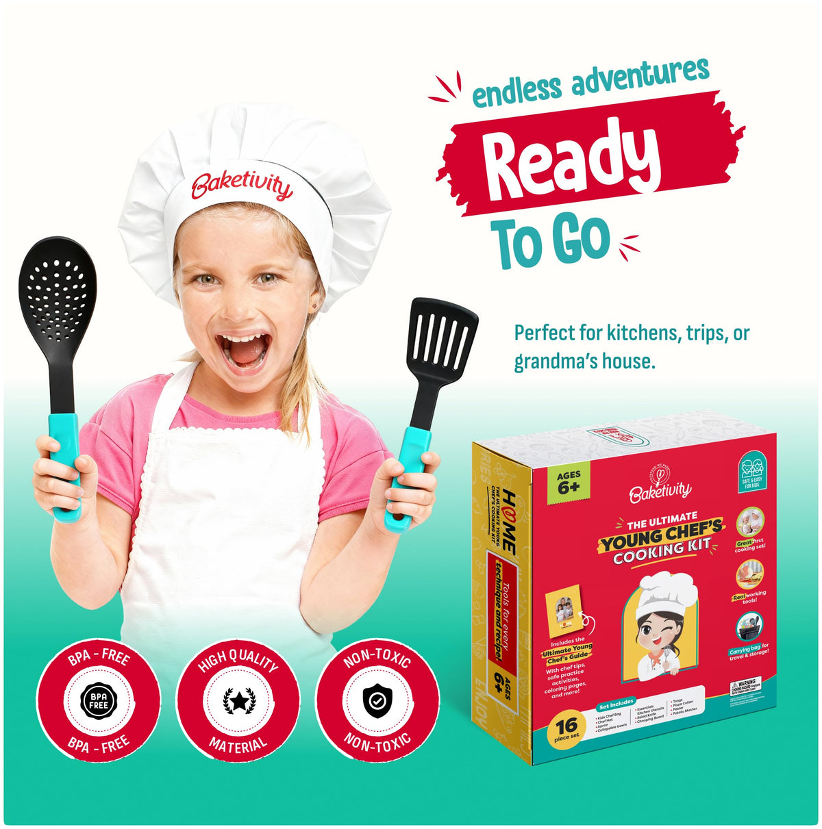 Baketivity Kids Cooking Set Real Utensils With Kitchen Tool Guide - Complete Junior Cooking Set Gift For Girls Or Boys With Mixing Bowls, Cutting Board, Knife, Apron - Kids Baking Set For Real Cooking