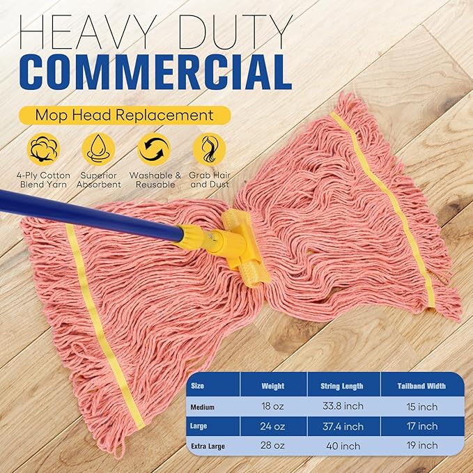 Matthew Cleaning Commercial Mop Head Replacement, 5 Inch Wide Headband, Looped End Cotton Blend String Wet Mops for Floor Cleaning, 24 oz Large, 6-Pack Orange