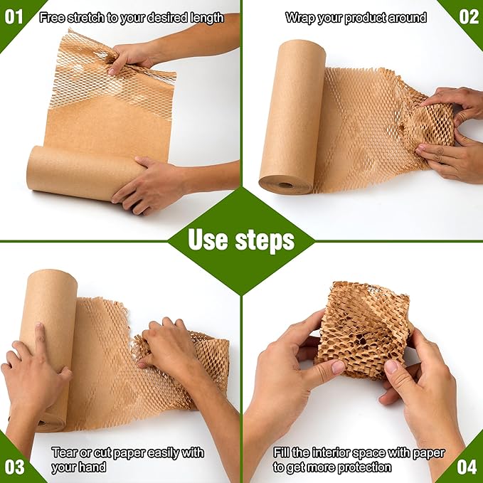 Honeycomb Packing Paper 12" Width X 200 FT for Moving Glass Dishes Recyclable Wrapping Paper Bubble Wrap Packing Material for Shipping Fragile Items Shipping Filler with 20 Fragile Stickers