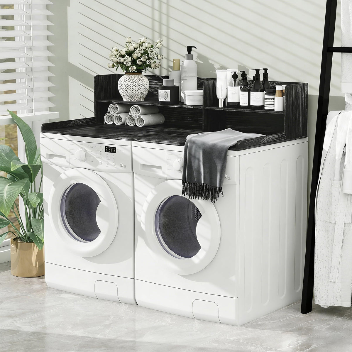 Desility 2 Tier Washer Dryer Countertop with Shelf, 54.7" W X 28.3" D Laundry Countertop with Non-Slip Pad, Wooden Washing Machine Topper for Folding, Sorting & Ironing, Black
