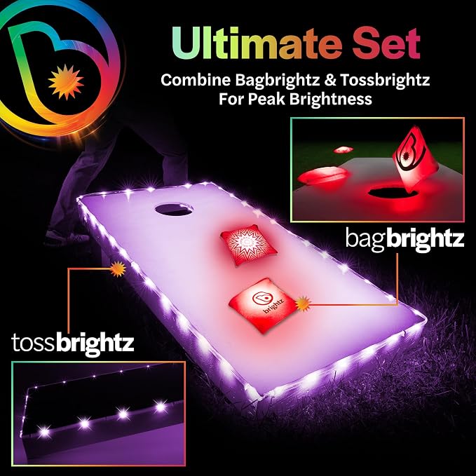 Brightz Cornhole Board Edge Lights with LED Bags - Includes 4-Pack of LED Cornhole Bags + TossBrightz Cornhole Board Edge Lights - The Ultimate Night Time Cornhole Master Set