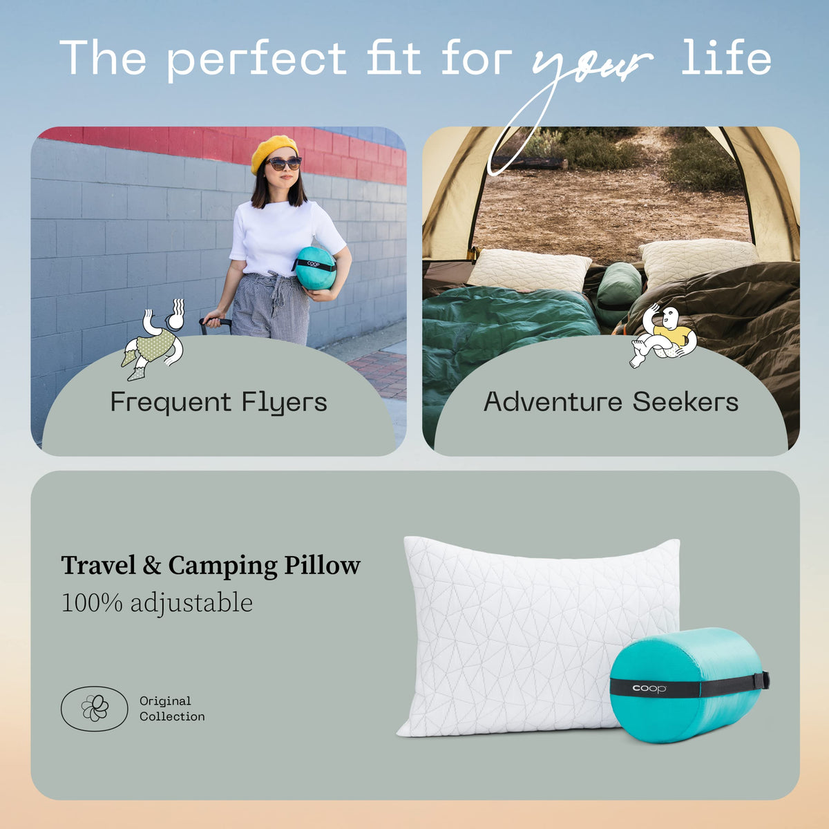 Coop Home Goods Original Travel and Camping Adjustable Pillow, Small Camping Pillow with Compressible Stuff Sack, Medium-Firm Memory Foam with Lulltra Washable Cover, CertiPUR-US Certified (19x13)