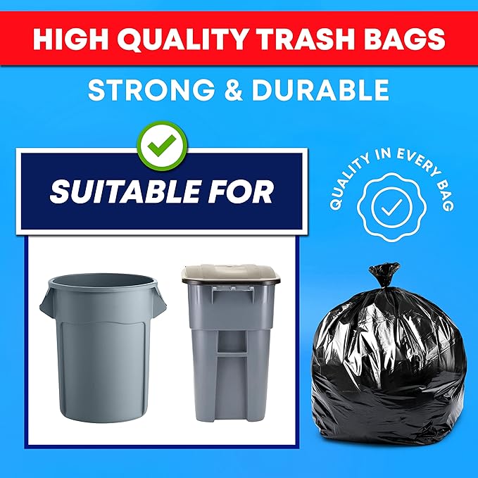 Tasker 40-45 Gallon Trash Bags, (50 Bags w/Ties) Large Black Heavy Duty Garbage Bags - fits 39 Gallon - 40 Gallon - 42 Gallon - 44 Gallon
