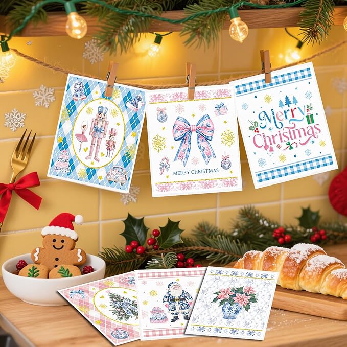 Christmas Swedish Dishcloths for Kitchen - 6PCS Nutcracker Swedish Cloths for Washing Dishes, Santa Bow Reusable Dish Towels Gifts, Merry Christmas Washable Cleaning Sponge Fast Drying