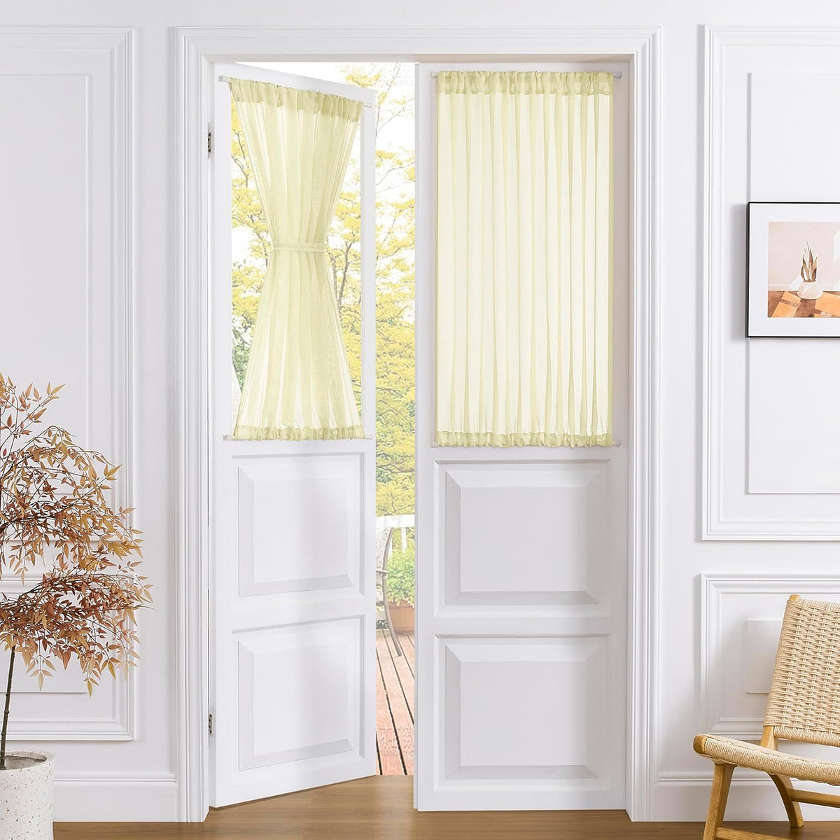 Tollpiz Short Sheer Door Curtains Closet Linen Textured Curtains Sheer Doorway Light Filtering Voile Patio Door Rod Pocket Curtain French Door, 54 x 40 inches Long, Transparent Yellow, Set of 1 Panel