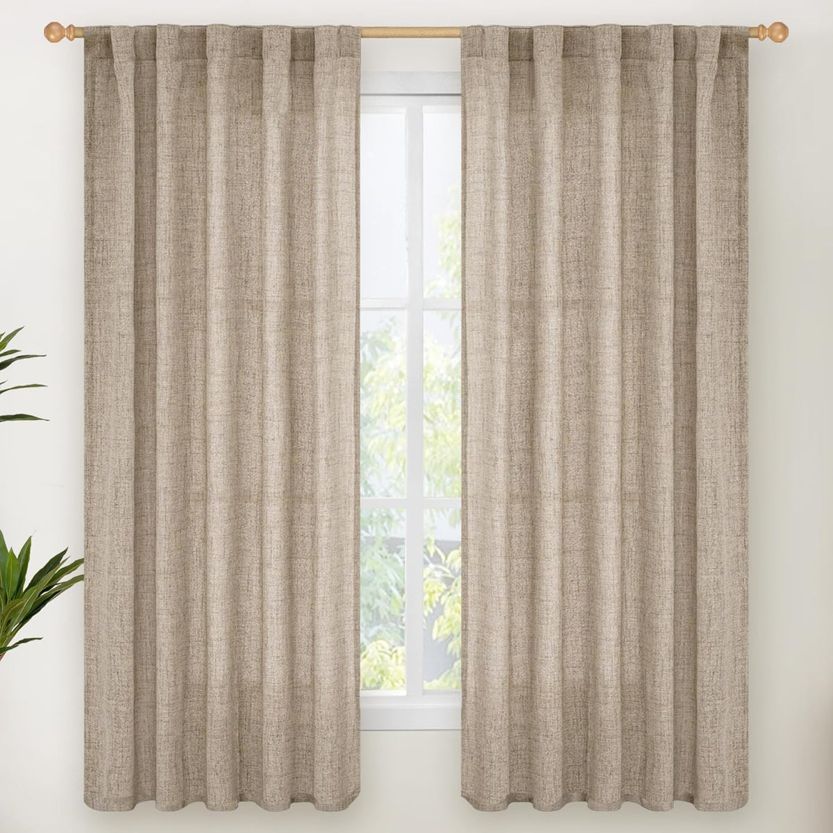 YoungsTex Dark Oatmeal Linen Curtains 63 Inch Length for Living Room, Light Filtering Semi Sheer Window Drapes Rod Pocket Back Tab Curtain for Bedroom, 2 Panels, 42 X 63 Inch