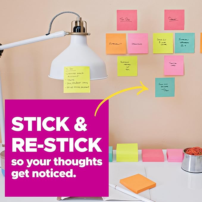 Post-it Super Sticky Notes, 24 Sticky Note Pads, 3 x 3 in., School Supplies, Office Products, Sticky Notes for Vertical Surfaces, Monitors, Walls and Windows, Supernova Neons Collection