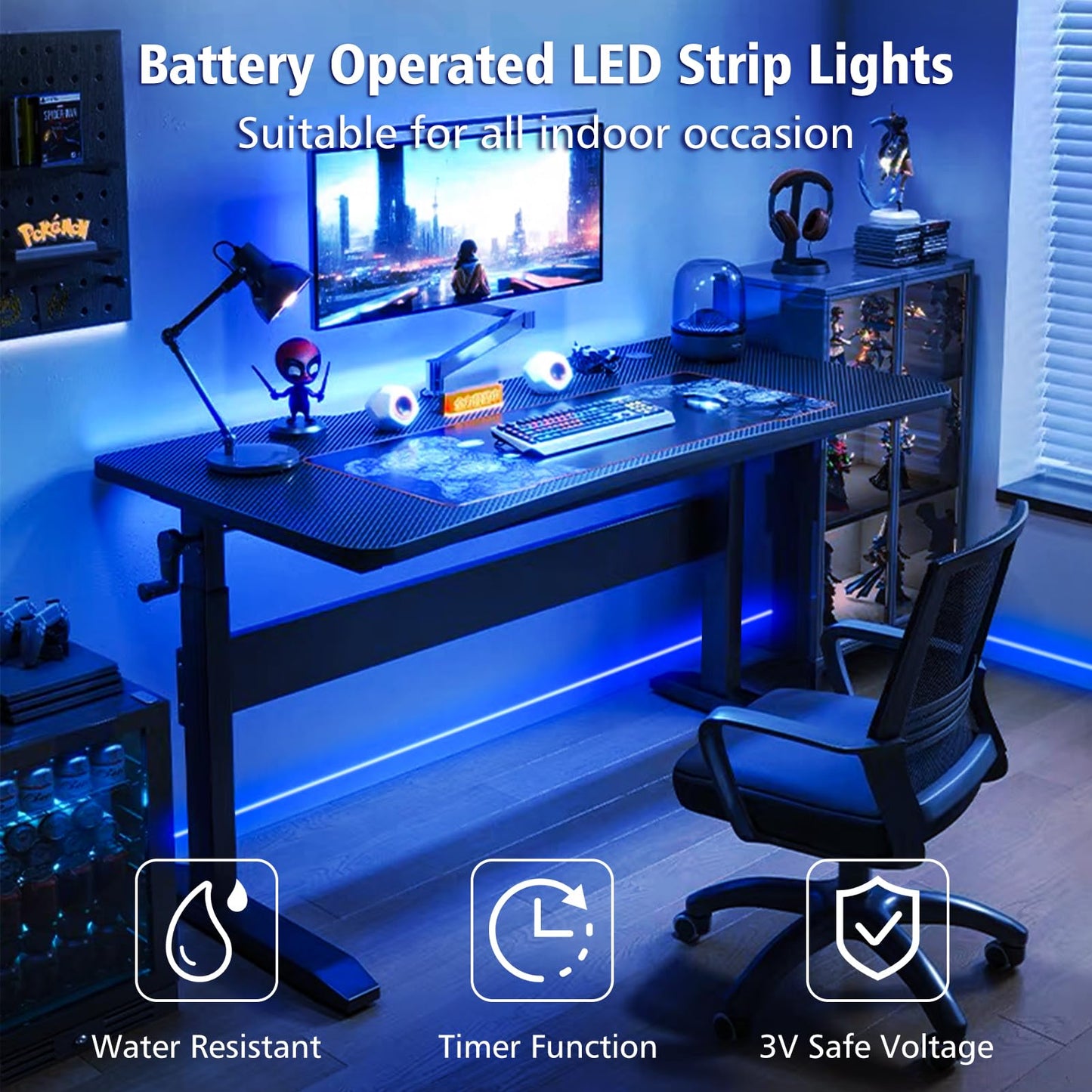 LED Strip Lights Battery Operated, 9.8ft 90 LED Strip Lights with Remote Controller Timer Dimmable, Waterproof Flexible Lights Strip for Indoor Outdoor TV Table Bedroom Boat Kitchen (Blue)