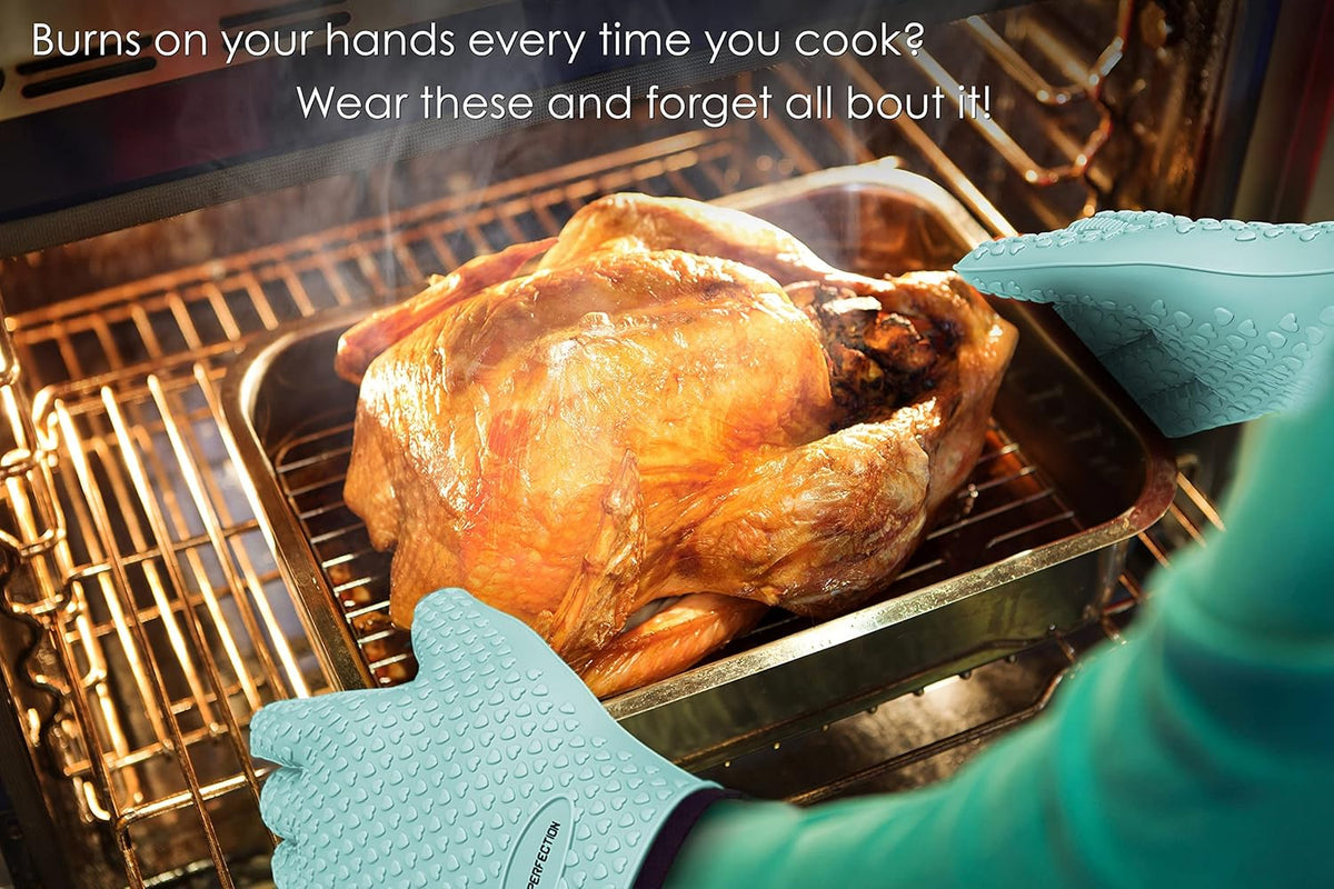 KITCHEN PERFECTION Silicone Smoker Oven Gloves -Extreme Heat Resistant BBQ Gloves -Handle Hot Food Right on Your Smoker Grill Fryer Pit|Waterproof Oven Mitts Grill Gloves |Superior Value Set+3 Bonuses