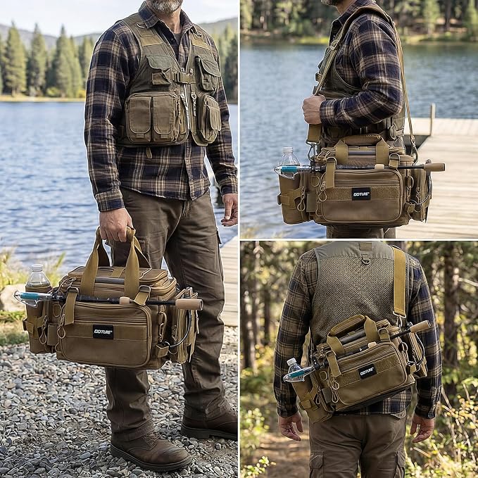 Goture Fishing Tackle Bag with 4 Tackle Boxes, Soft Side 600D Water-Resistant Cross Body Sling Fishing Bag with Rod Holder, Small Saltwater Gear Storage Tactical Bags, Gifts for Men/Women