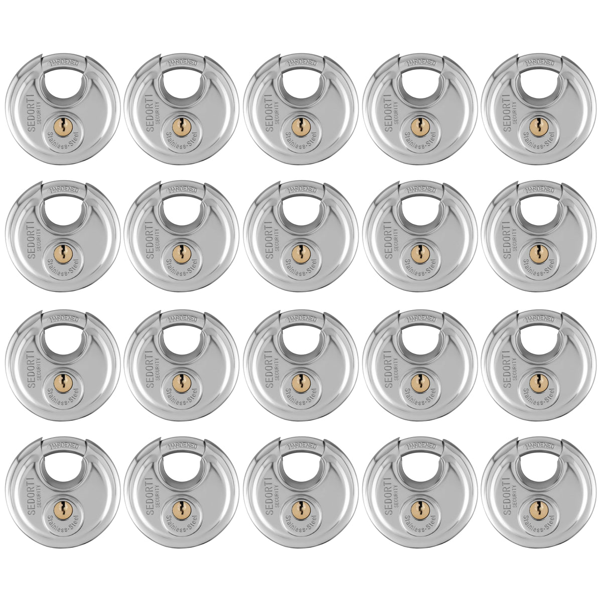 SEDORTI 20-Pack Discus Padlocks Keyed Alike, 2-3/4 inch Wide, Stainless Steel 304 Round Lock, Waterproof and Rustproof Storage Lock with Brass Keys, Ideal for Storage Unit Gate, Outdoor, Shed, Fence
