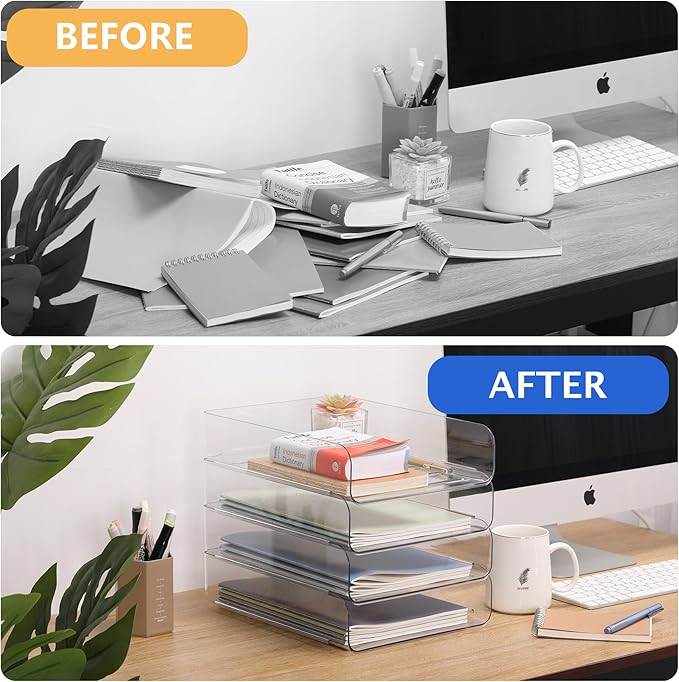 Set of 4 Office Organization and Storage, Clear PET Letter Tray Desk Organizer, Stackable Document and File Paper Organizer for Office Supplies