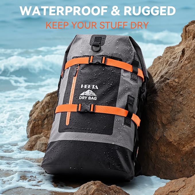 HEETA Dry Bags Waterproof Backpack 40L for Men & Women, Roll Top Heavy Duty Cushioned Hiking Backpack for Kayaking Boating Paddle Boarding Fishing Travel Camping Beach Vacation Cruise Ship Essentials