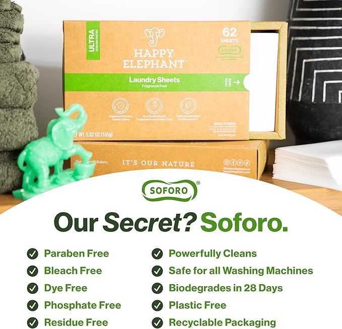 Happy Elephant Laundry Detergent Sheets, Fragrance Free, Natural Biodegradable Laundry Sheets, Plant Based, Tough on Stains, Gentle on Skin, Compatible with HE & Any Washing Machine, 62 Sheet, 1 Pack