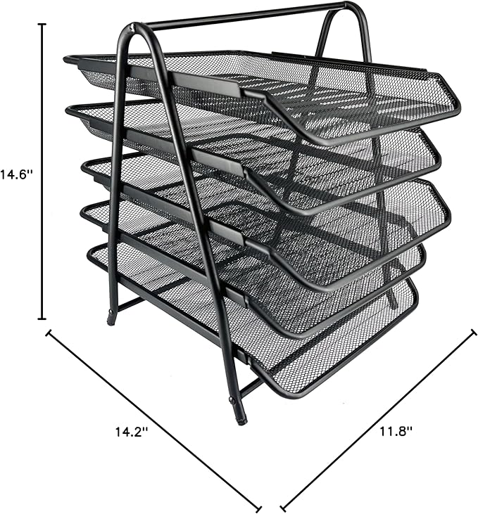 Huron Desktop Horizontal File Binder Organizer Storage Letter Tray, 5 Slot, Black Steel Mesh