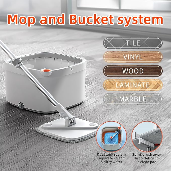 Spin Mop and Bucket Set with Self Separation System 360° Spinning Self-Wringing, Square Clean Mop and Bucket with Wringer-with Replaceable Mop (Light Grey Mop and Bucket Set 6pads)