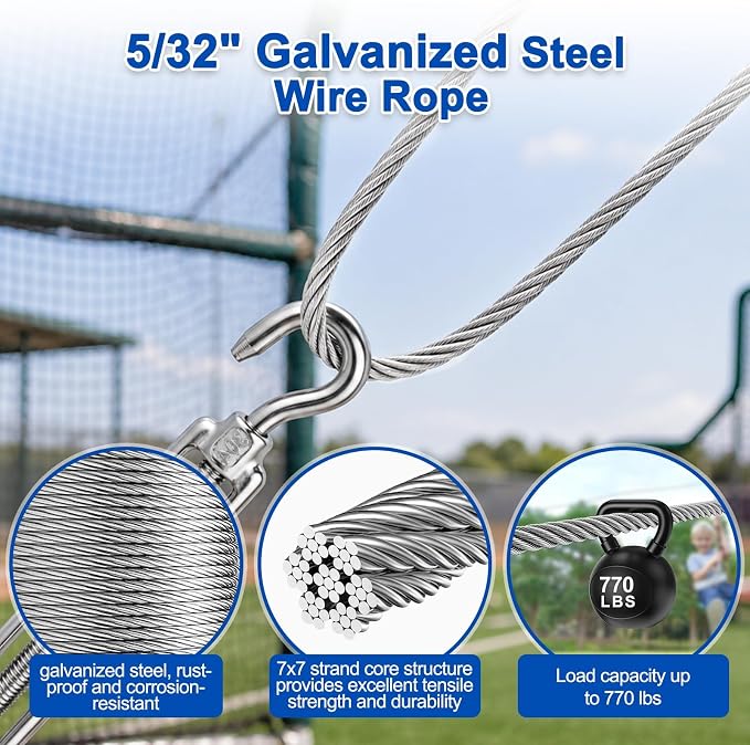 10FT Batting Cage Cable & 30 Pulleys & 30 Spring Hooks Kit, Heavy Duty Retractable Batting Cage Netting Net Wire Tension Hanging Kit, Batting Cage Frame for Indoor & Backyard, DIY Baseball
