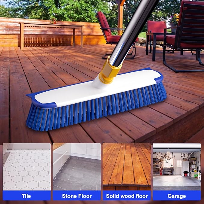 ITTAR 12" Wide Floor Scrub Brush with Long Handle, 2-in-1 Deck Cleaning Brush with 55" Extendable Pole, Heavy-Duty Tub Tile Scrubber Cleaner Brush for Shower Floor, Kitchen, Patio, Garage, Restaurant