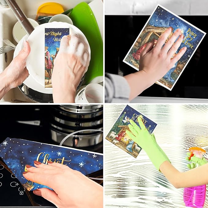 Christmas Swedish Dishcloths for Kitchen - 6PCS Nativity Christmas Swedish Cloths for Washing Dishes, Watercolor Holy Night Reusable Dish Towels Gifts, Holiday Xmas Washable Cleaning Sponge