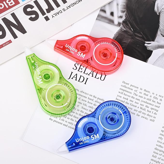 White Correction Tape, Easy To Use Applicator, Fast Clean Tear-Resistant Tape For school Supplies, Office (9-pack, 5M/196, Red, Green, Blue, Tape Width 0.2in)