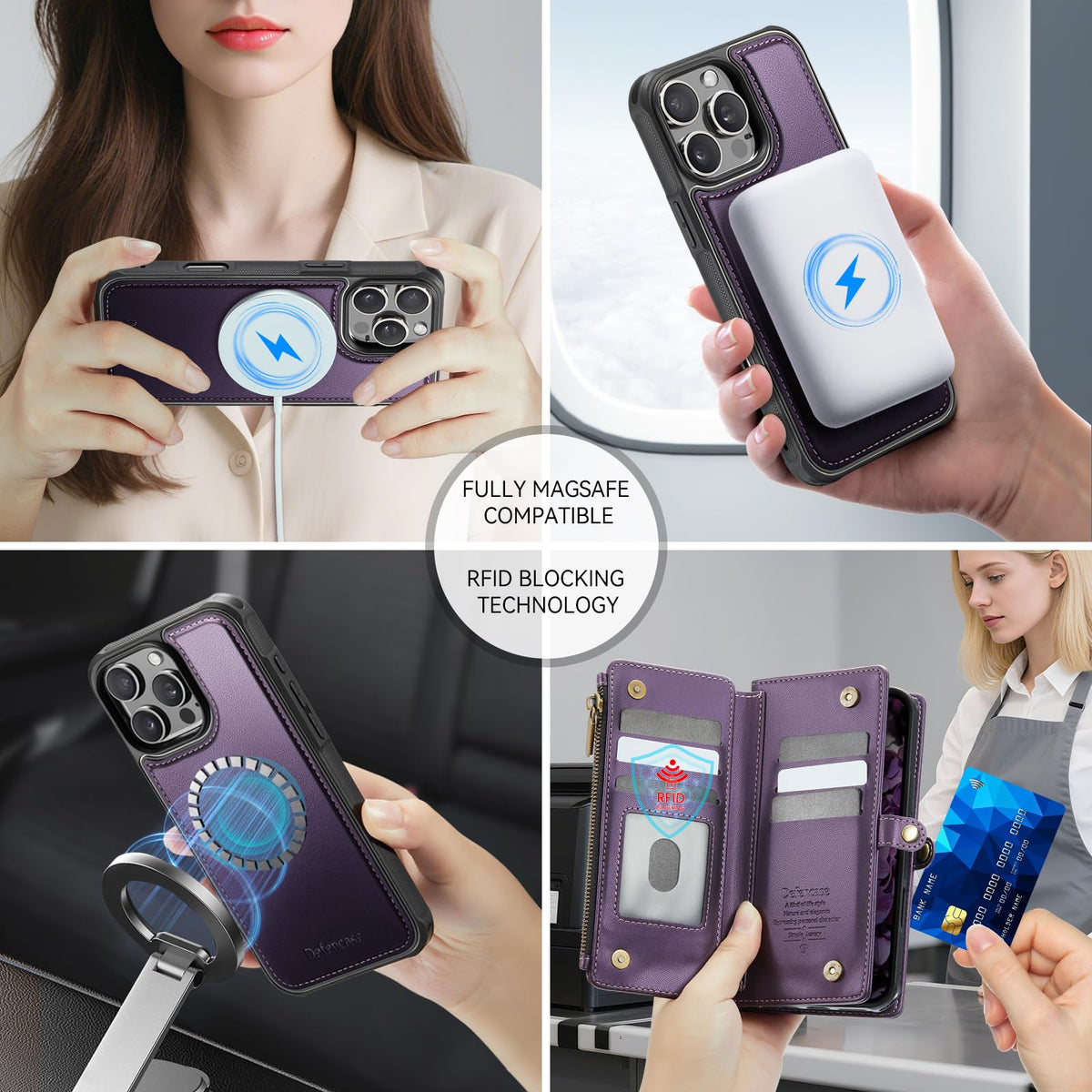 Defencase for iPhone 16 Pro Max Magnetic Wallet Case Compatible with Magsafe with RFID Blocking Zipper Strap Card Holder for Women Men PU Leather Detachable Case for iPhone 16 Pro Max (6.9"), Purple