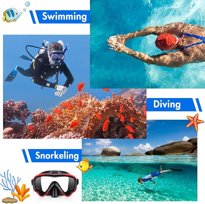 4 Pcs Snorkeling Goggles for Adults Scuba Diving Mask Anti Fog Dive Mask Snorkeling Gear for Men Women Panoramic Swimming Goggles with Nose Cover for Diving, Swimming (Black, Yellow, Red, Rose Red)