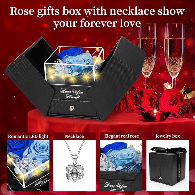 2 Preserved Real Rose with Heart I Love You Necklace- Eternal Rose Birthday Gifts for Women Wife Girlfriend Her Mom on Festivals Gifts Christmas Valentines Mothers Day Anniversary-2 Colour Blue
