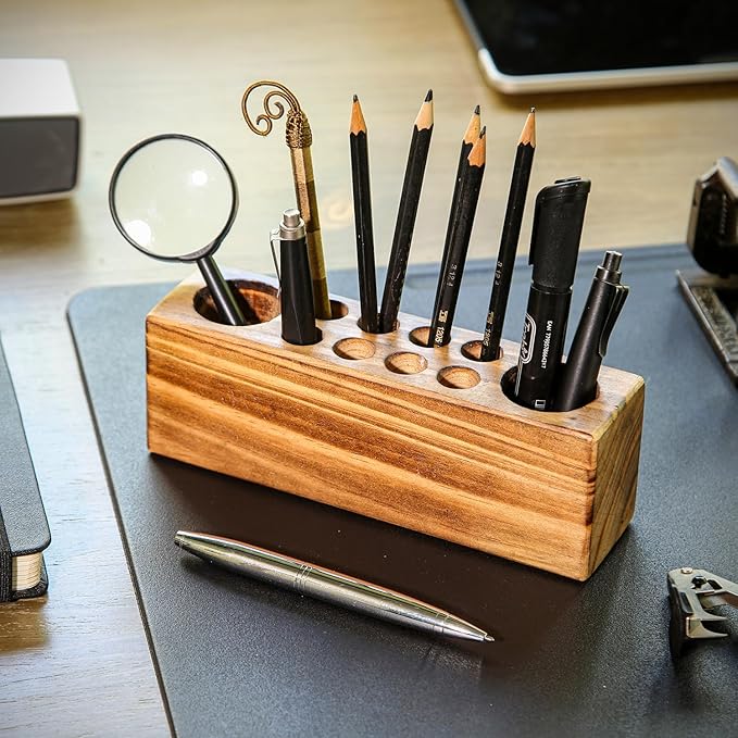 Solid Pine Wood Pen Holder for Desk – Fountain Pen Holder – Stylish Wooden Pencil Holder and Pen Desk Organizer