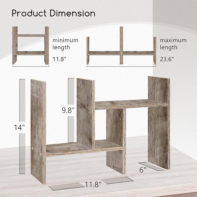 Jerry & Maggie Desktop Organizer Office Storage Rack Adjustable Wood Display Shelf Free Style Double H, Multi-Functional Mini Bookshelf for Desk Natural Stand (Gray Oak)