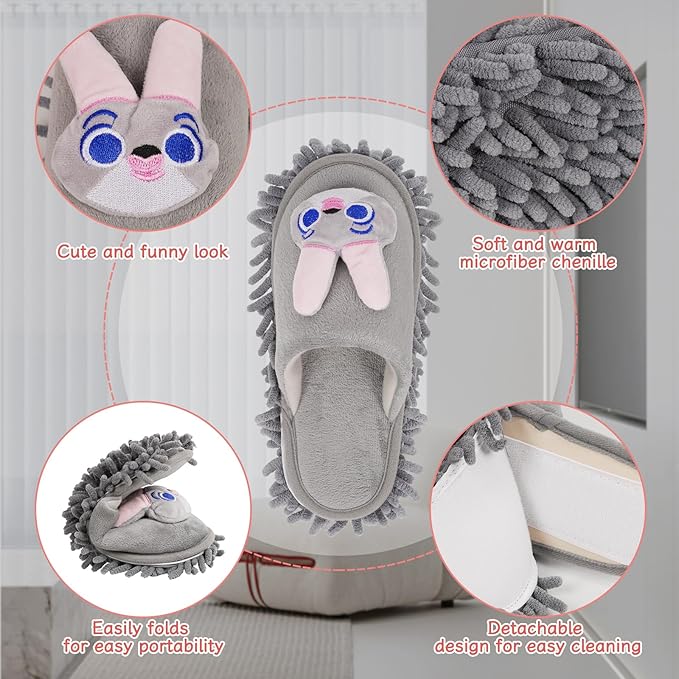 Liitrton Mop Slippers Cartoon Mop Shoes, Washable Microfiber Slippers for Floor Cleaning, Detachable Mopping Slippers for Women Home Floor Cleaning Tools (Grey Rabbit, Women 7-9/Men 5-7)