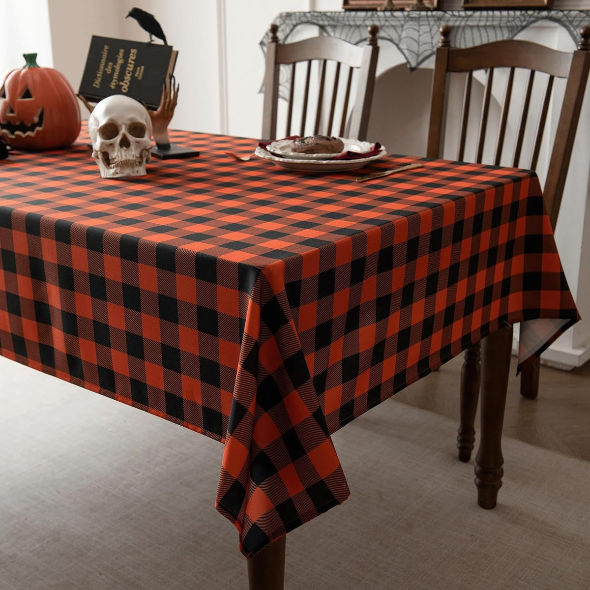 Orange Gingham Tablecloth Fabric - Oblong 58x120 Water Resistant Autumn Plaid Table Cloth for Indoor/Outdoor Use - Fall Tabletop Cover for Birthday, Picnics, Gardens, and Halloween Party