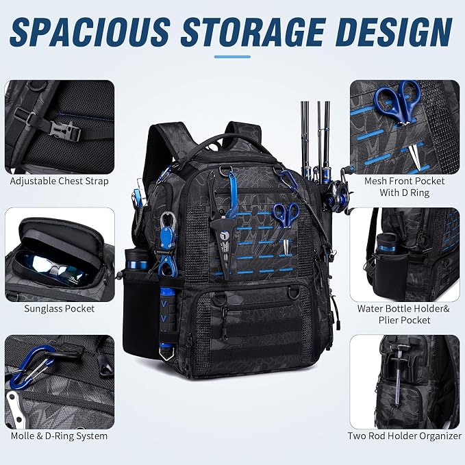 Fishing Tackle Backpack with Tackle Boxes, Two Rod Holders, Bottle Holder, 50L Waterproof Tackle Bag for Fishing Gear, Fish Gifts for Men, Black Camo (4 Tackle Boxes Included