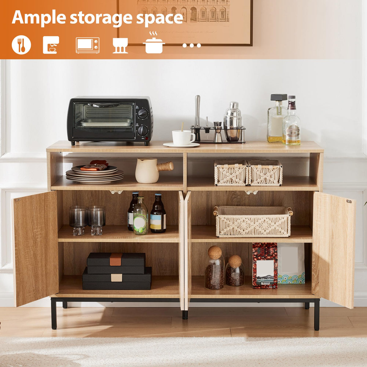 Mericonia Farmhouse Buffet Sideboard Cabinet with Storage, Fluted Coffee Bar with Doors and Adjustable Shelves, Modern Wood Console Cabinet for Kitchen, Livingroom (Fluted 4 Door, Natural)
